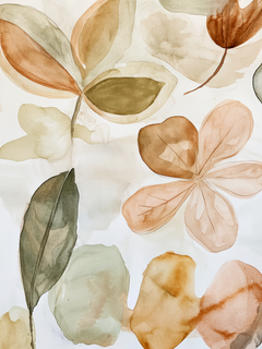 Poster mit abstrakten Blumen in Beige- und Grüntönen in Aquarelltechnik.