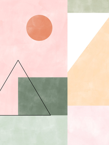 Grafik mit geometrischen Formen in Rosa, Grün und Orange auf gesprenkeltem Hintergrund.
