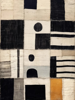 Patchwork-Poster mit Quadraten in Schwarz, Weiß und Gelb mit Linien und Punkten.