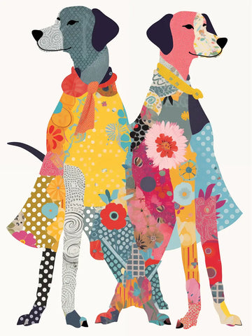 Zwei Hunde in einem bunten Patchwork-Muster aus verschiedenen Mustern und Farben.