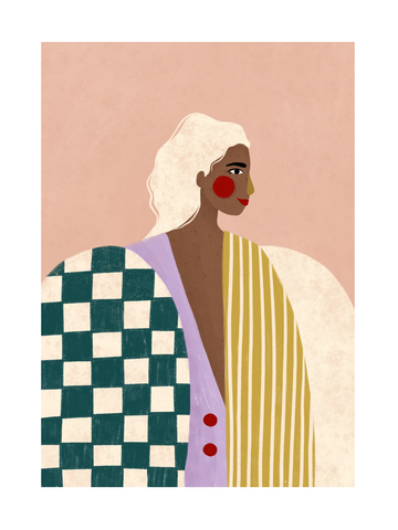 Illustration einer Frau mit kariertem und gestreiftem Mantel vor rosa Hintergrund.