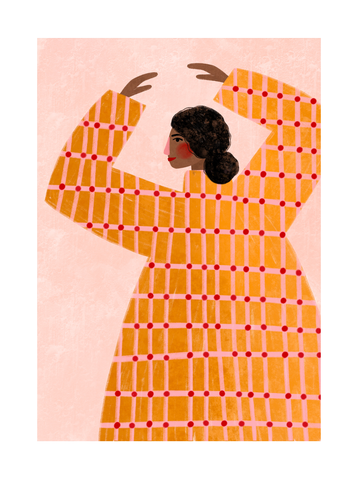 Illustration einer Frau in einem orangefarbenen, karierten Kleid mit roten Punkten vor einem rosa Hintergrund.