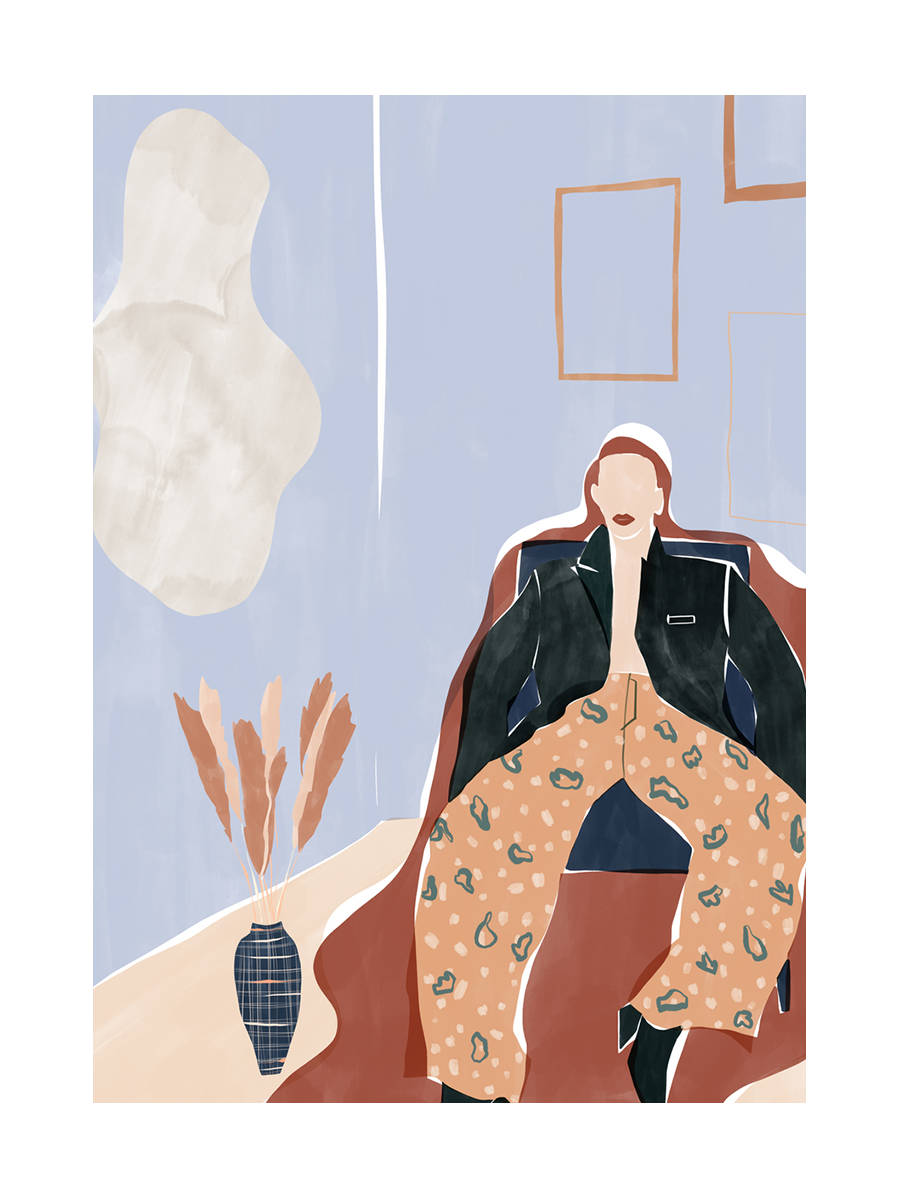 Illustration einer Frau in einem schwarzen Blazer und gemusterten orangefarbenen Hosen auf einem Stuhl vor einem hellblauen Hintergrund.
