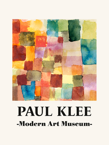 Poster mit buntem, quadratischem Muster und Text „Paul Klee -Modern Art Museum-“ auf hellbeigem Hintergrund.