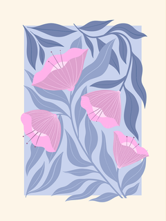 Grafische Illustration mit rosa Blüten und blauen Blättern vor einem hellbeigen Hintergrund.