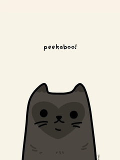 Illustration einer Katze mit herzförmigem Muster im Gesicht und dem Text "peekaboo!" auf beigem Hintergrund.