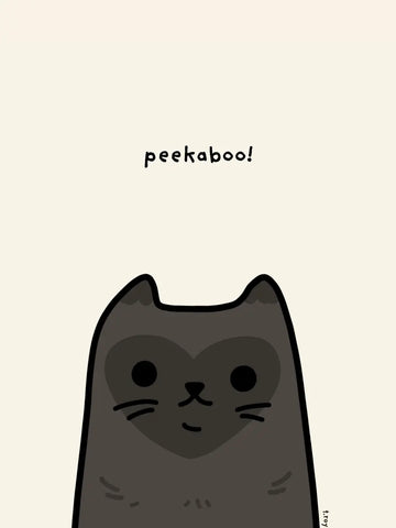 Illustration einer Katze mit herzförmigem Muster im Gesicht und dem Text "peekaboo!" auf beigem Hintergrund.