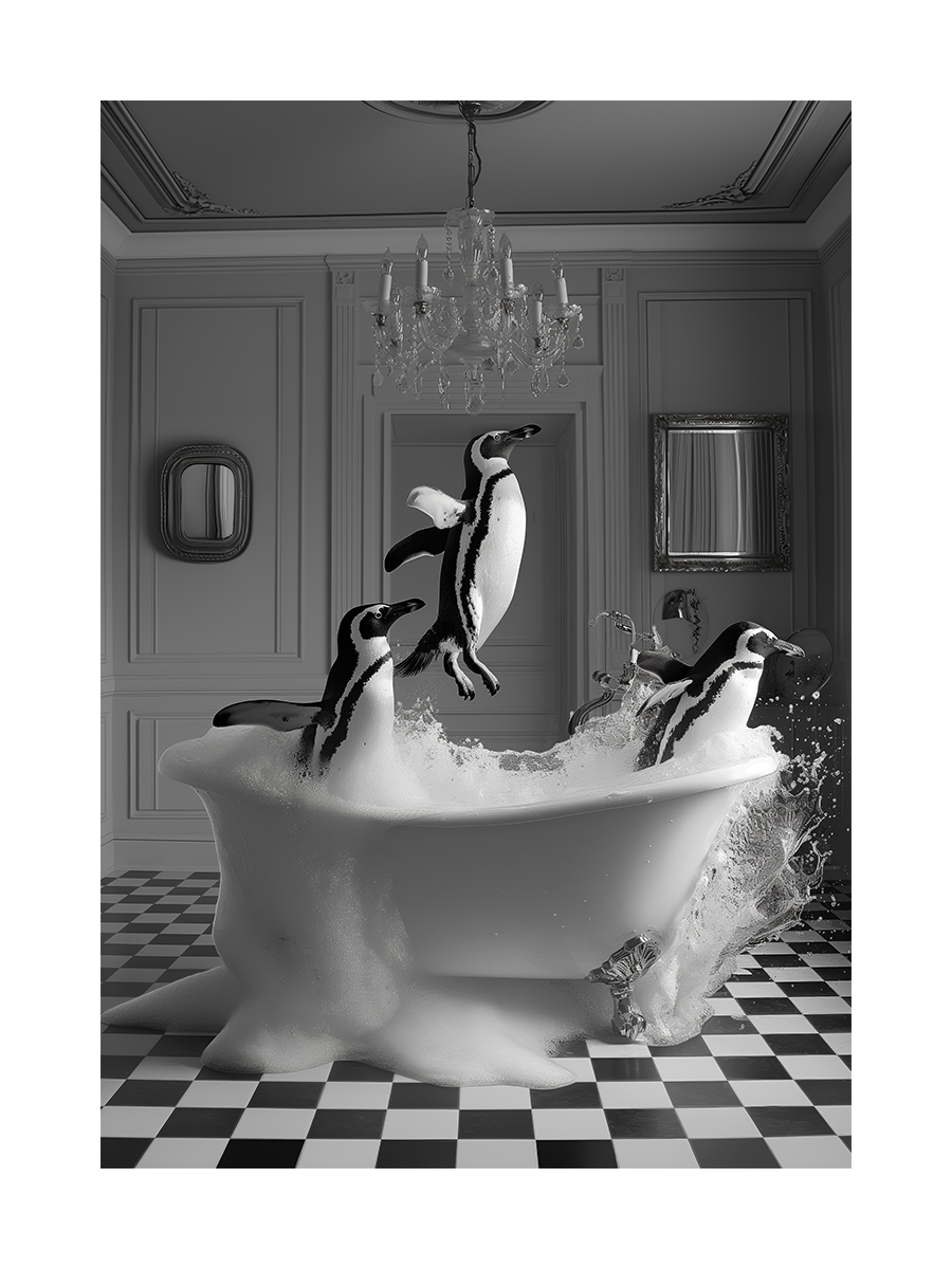 Schwarz-weißes Poster mit Pinguinen in einer Badewanne in einem eleganten Badezimmer.