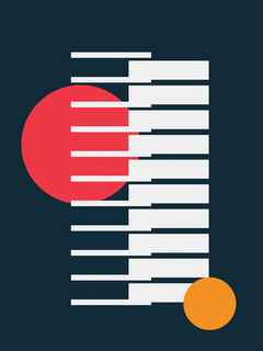 Abstraktes Klavier mit bunten Tasten und zwei Kreisen in Rot und Orange auf dunklem Hintergrund.
