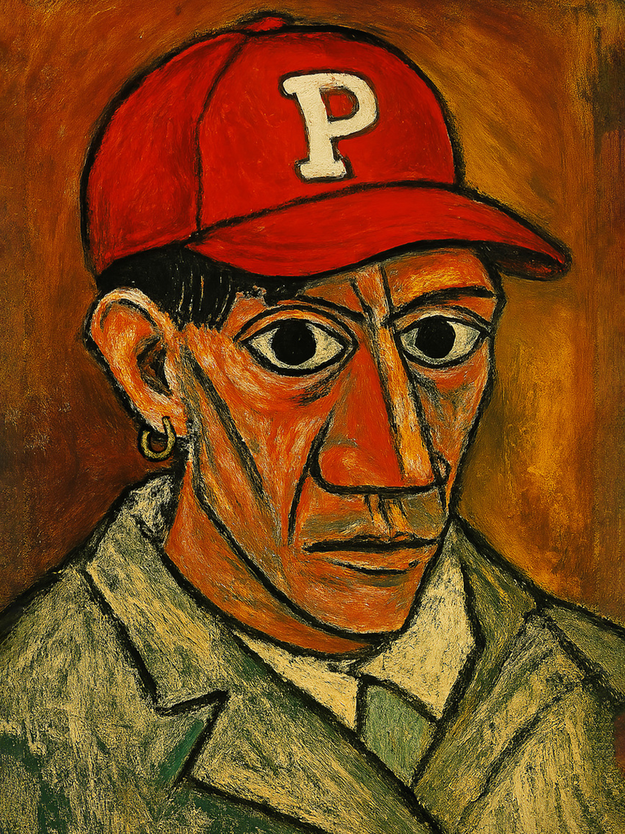 Porträt eines Mannes mit roter Baseballkappe und dem Buchstaben P im Retro-Stil.