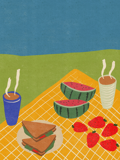 Illustration eines Picknicks mit Sandwiches, Erdbeeren und Wassermelonen auf einer gelben Decke.