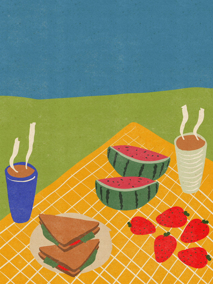 Illustration eines Picknicks mit Sandwiches, Erdbeeren und Wassermelonen auf einer gelben Decke.