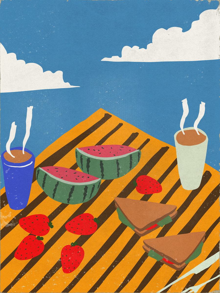 Illustration eines Picknicks mit gestreifter Decke, Wassermelonen, Erdbeeren, Sandwiches und Getränken vor blauem Himmel.