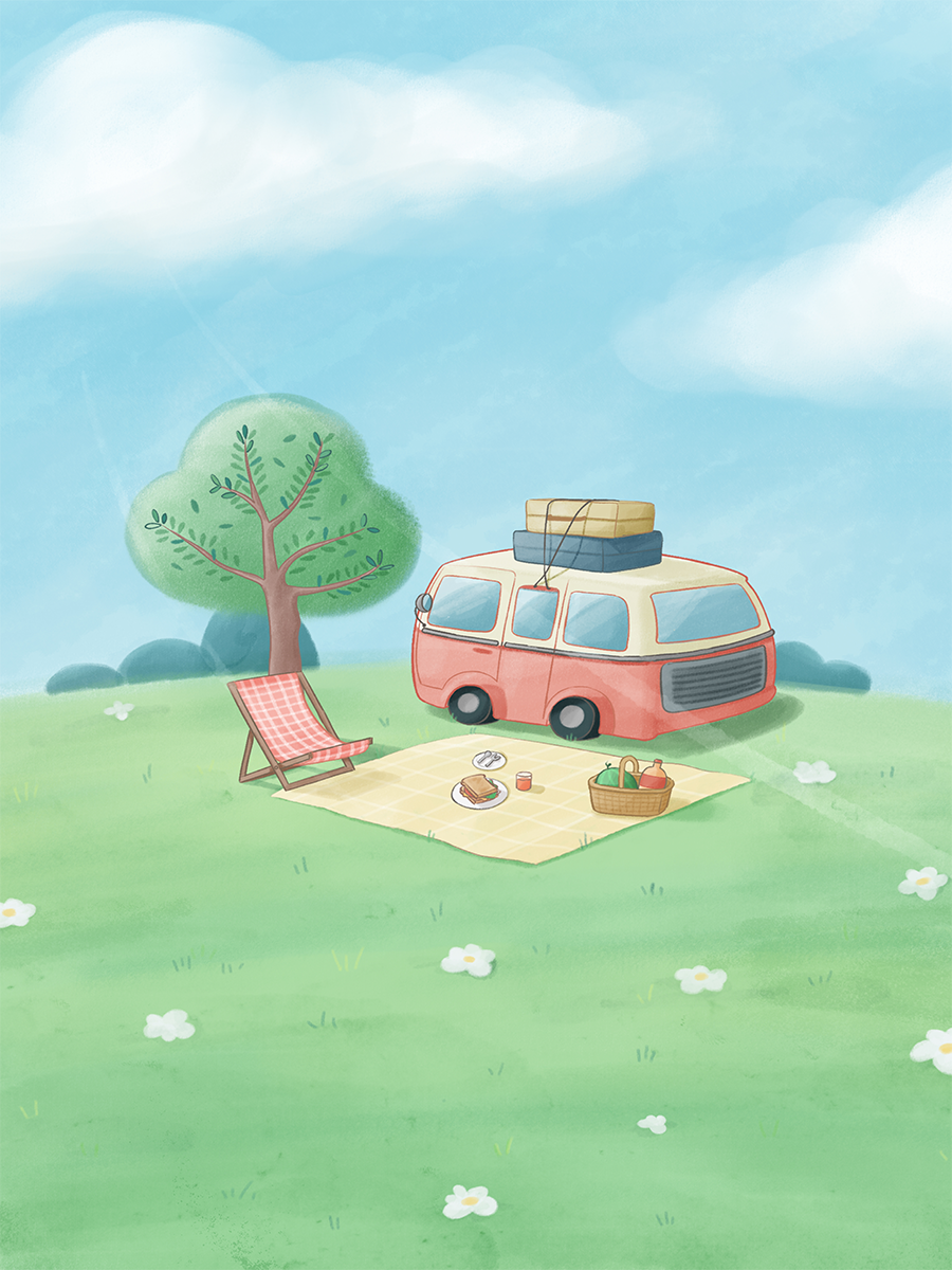 Illustration eines Picknicks auf einer Wiese mit Picknickkorb, Decke, Baum und rotem Wohnmobil.