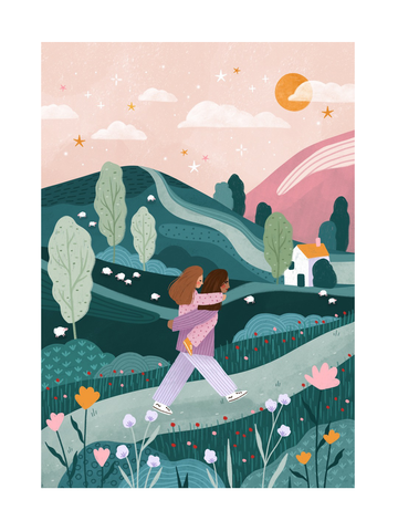 Illustration von zwei Mädchen, die sich umarmen und auf einem Weg in einer grünen Landschaft gehen.