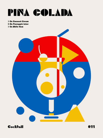 Poster eines Piña Colada Cocktails in Gelb, Rot, Blau und Weiß auf beigem Hintergrund.