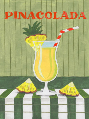 Illustration eines Piña Colada Cocktails mit Ananasscheiben und rot-weiß gestreiftem Strohhalm vor grün gestreiftem Hintergrund.