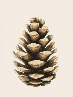 Illustration eines braunen Kieferzapfens auf hellem Hintergrund.