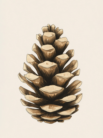 Illustration eines braunen Kieferzapfens auf hellem Hintergrund.