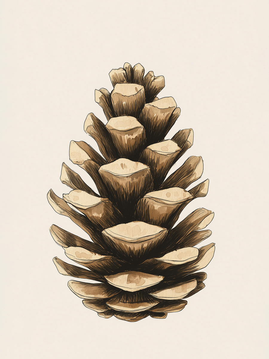 Illustration eines braunen Kieferzapfens auf hellem Hintergrund.