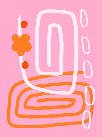 Abstrakte Illustration mit rosa Hintergrund und orangefarbenen, weißen und roten Formen.