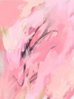 Abstraktes Poster in Rosa mit hellen Farben und dunklen Details.