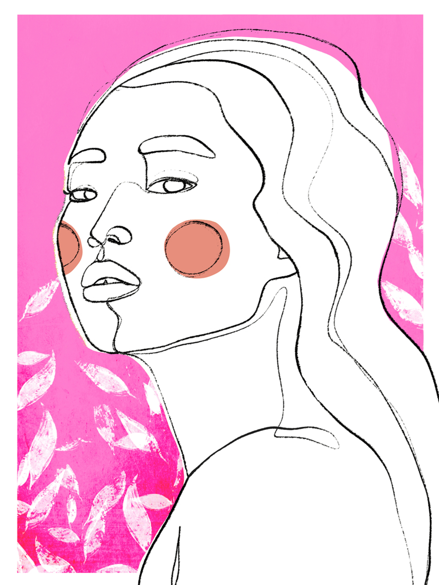Line-Art-Porträt mit rosa Hintergrund und rosafarbenen Wangen.