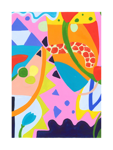 Abstrakte Kunst mit bunten Formen auf rosa Hintergrund.