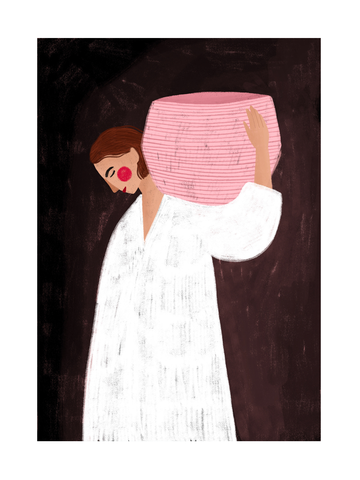 Illustration einer Frau mit rosa Korb auf der Schulter, in weißem Kleid, vor dunkelbraunem Hintergrund.