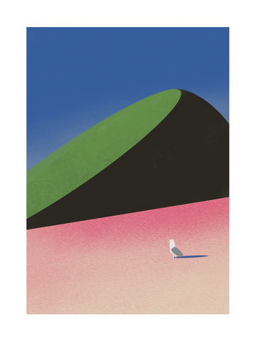 Grafische Illustration eines Vogels auf einem rosa Strand vor einem grünen Berg und blauem Himmel.