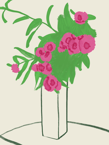 Illustration von rosa Blumen und grünen Blättern in einer weißen Vase.