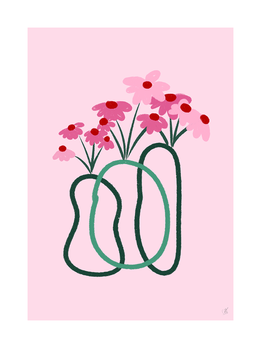 Illustration mit abstrakten grünen Vasen und rosa Blumen auf rosa Hintergrund.