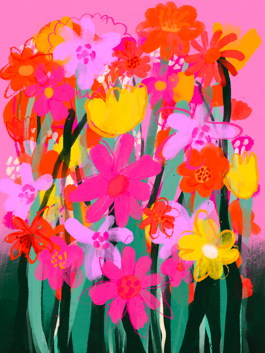 Illustration eines bunten Blumenstraußes in Pink, Rot, Orange und Gelb auf rosa Hintergrund.
