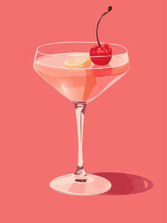 Illustration eines rosa Cocktails mit Kirsche und Zitronenscheibe auf rosa Hintergrund.