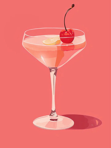 Illustration eines rosa Cocktails mit Kirsche und Zitronenscheibe auf rosa Hintergrund.