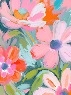Ein Poster mit rosa und orangefarbenen Blumen und grünen Blättern.