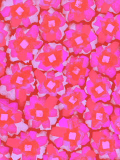 Ein Poster mit einer Ansammlung von knalligen rosa Blumen in handgemaltem Stil.
