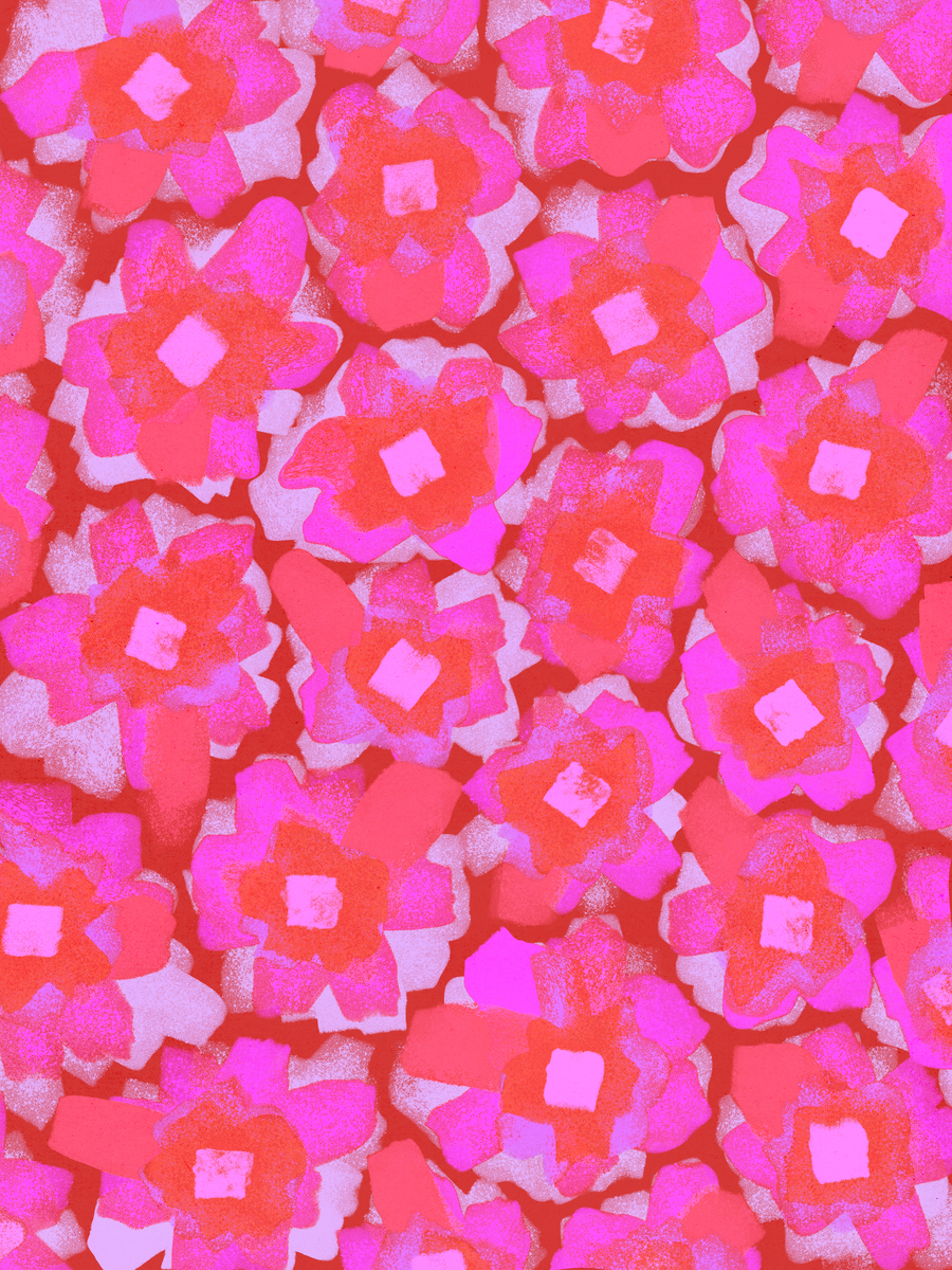 Ein Poster mit einer Ansammlung von knalligen rosa Blumen in handgemaltem Stil.