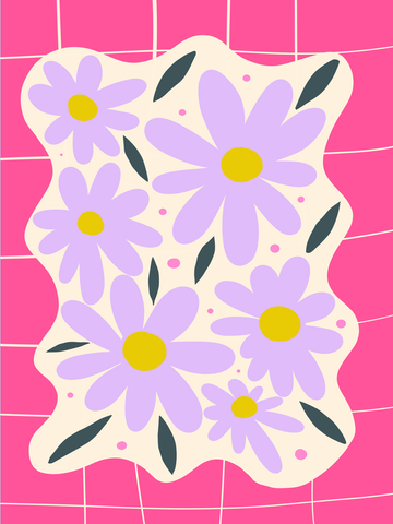 Grafische Illustration mit lila Blumen und grünen Blättern vor einem hellbeigen Hintergrund, mit einem pinken Hintergrund mit quadratischen Linien.