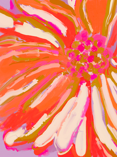 Abstrakte Malerei einer großen Blume in Rosa, Orange und Weiß.