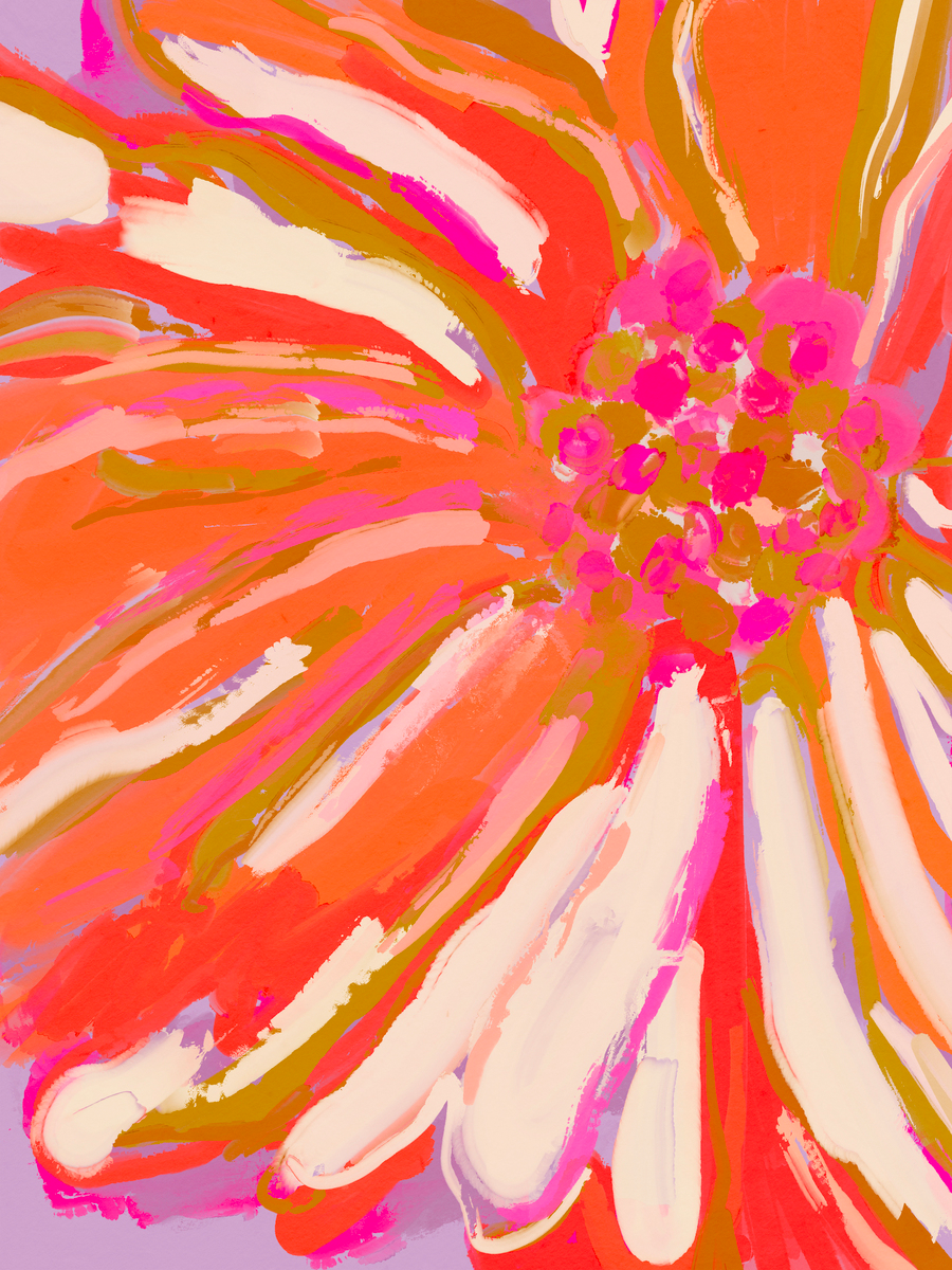 Abstrakte Malerei einer großen Blume in Rosa, Orange und Weiß.