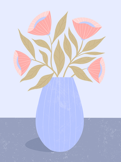 Illustration einer blauen Vase mit rosa Blumen und beigen Blättern vor einem hellblauen Hintergrund.