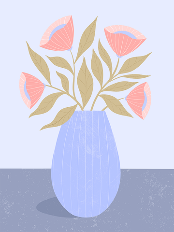 Illustration einer blauen Vase mit rosa Blumen und beigen Blättern vor einem hellblauen Hintergrund.
