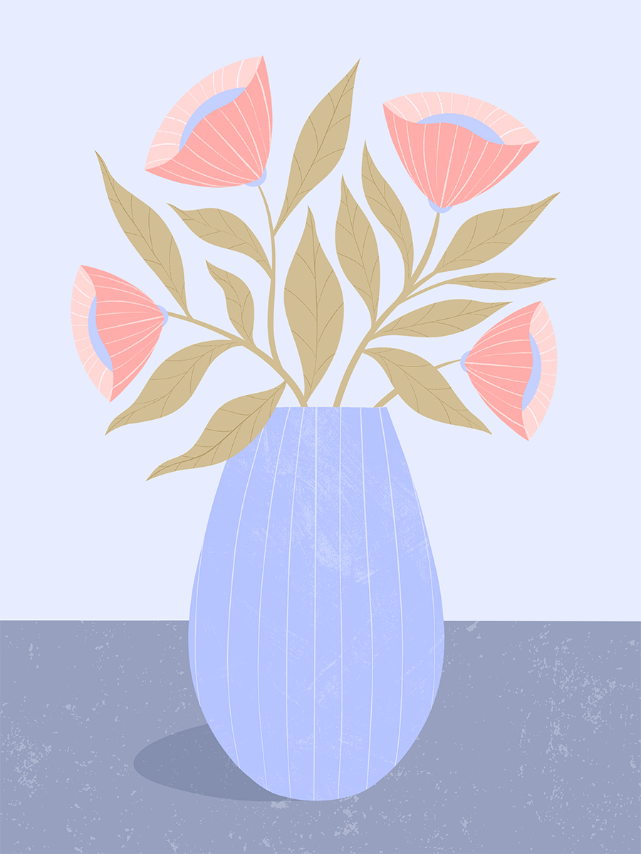 Illustration einer blauen Vase mit rosa Blumen und beigen Blättern vor einem hellblauen Hintergrund.