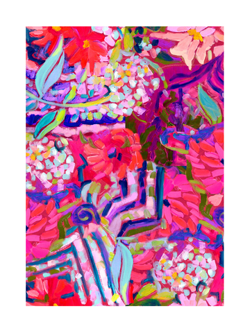 Handgemaltes Poster eines Gartens mit Blumen in Rosa- und Rottönen, akzentuiert durch Grüntöne.