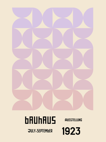 Grafische Illustration mit geometrischen Formen in Lila und Rosa auf beigefarbenem Hintergrund, mit dem Text "Bauhaus Ausstellung July-September 1923".
