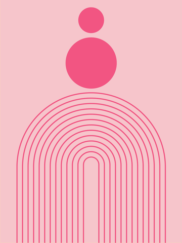 Grafik mit rosa Kreisen und einem Bogen auf hellrosa Hintergrund.