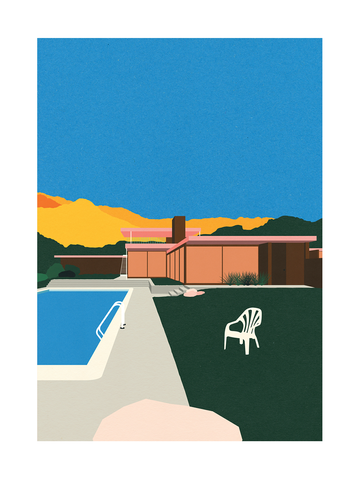 Illustration eines modernen Gebäudes mit Pool, blauem Himmel und gelben Bergen.