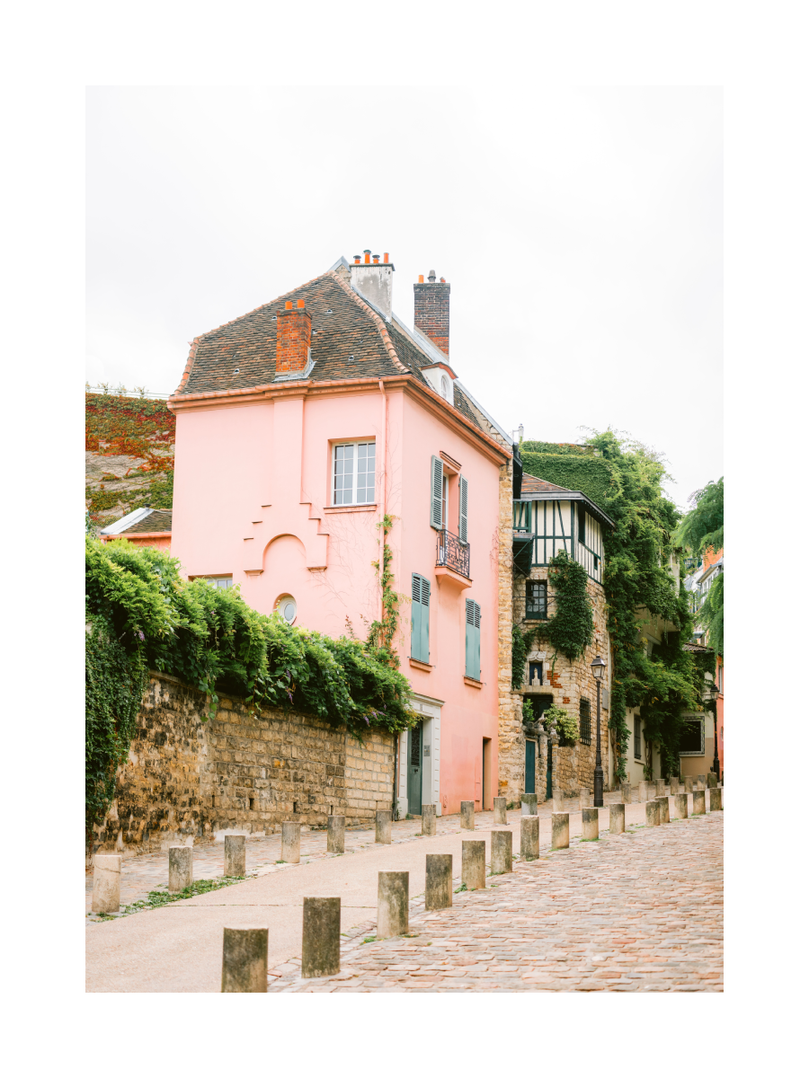 Fotografie eines rosa Hauses in einer Pariser Straße mit Kopfsteinpflaster und umgeben von Grün.