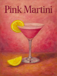 Poster eines pinken Martinis mit Zitronenscheibe und rosa Hintergrund.